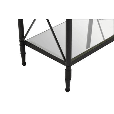 Axis rectangular black metal-framed side table with clear glass top and decorative diagonal supports in a rectangular black finish