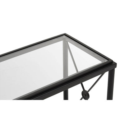 Axis rectangular black side table with black metal frame and glass top in sleek minimalist rectangular black finish design