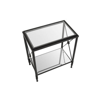 Axis rectangular black side table with metal frame glass top and lower shelf in rectangular black finish