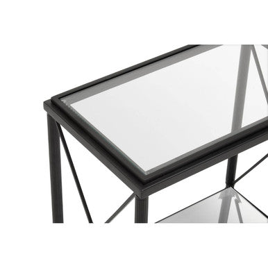Axis rectangular black finish side table with black metal frame and glass top featuring mirrored shelves