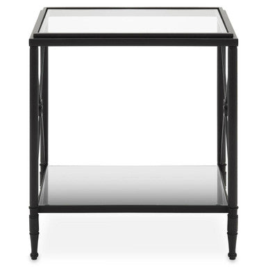 Black metal axis rectangular side table with glass top and shelf in a sleek rectangular black finish design