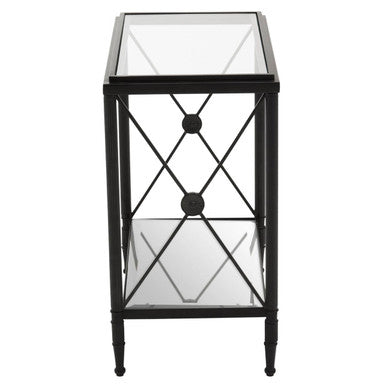 Black metal axis rectangular black side table with glass shelves and geometric lattice rectangular black finish design
