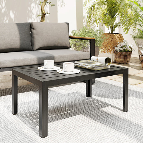 Outsunny Outdoor Side Table, Rectangular Patio Coffee Side Table with Steel Frame and Slat Tabletop for Garden, Balcony, Grey