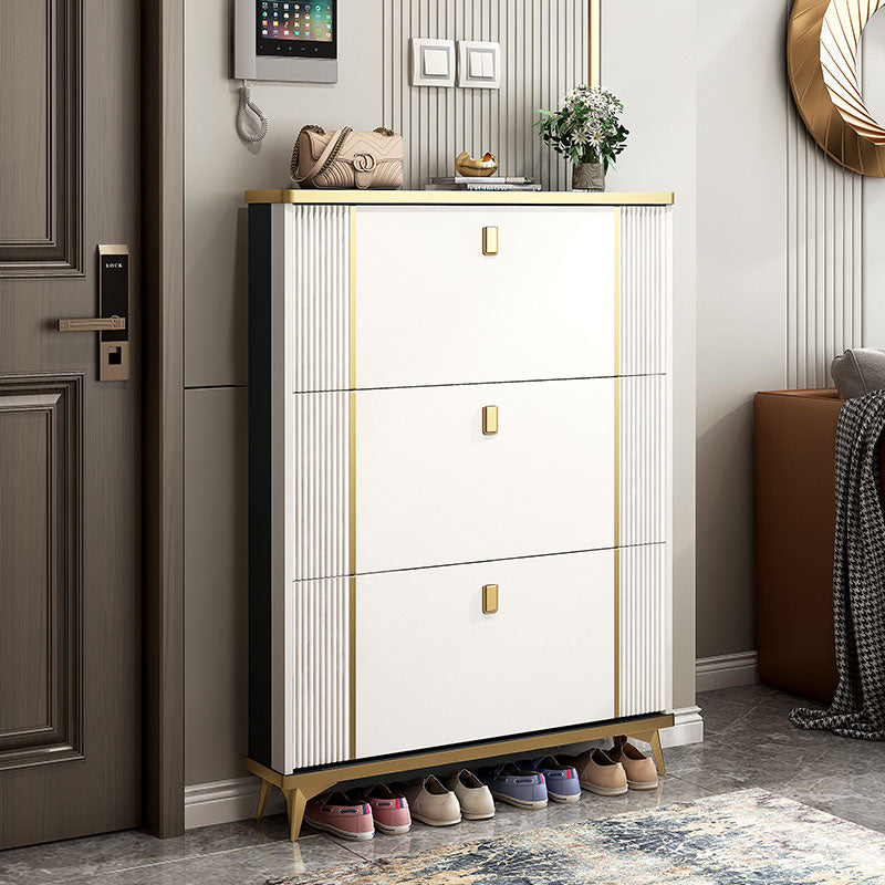 White and gold ayling shoe storage cabinet with vertical ribbed panels sleek handles and minimalist design