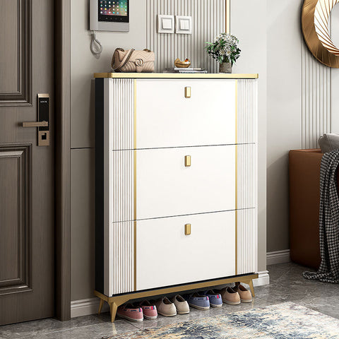 White and gold ayling shoe storage cabinet with vertical ribbed panels sleek handles and minimalist design