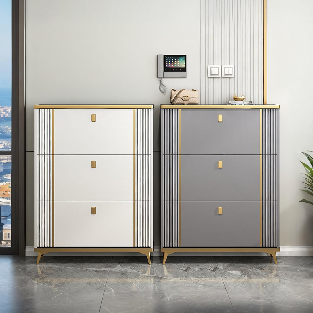 Modern minimalist ayling shoe storage with white and grey lacquer finish and gold-toned metal stripe accents
