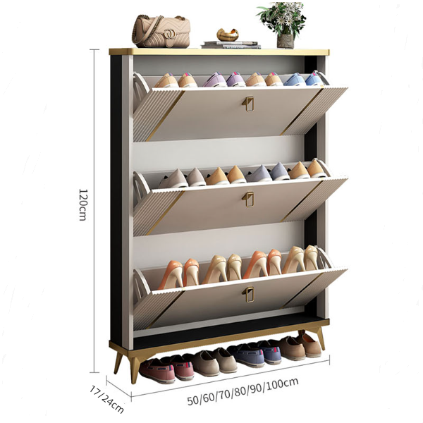 Modern minimalist ayling shoe storage with three fold-out shelves black and gold frame and white interior panels