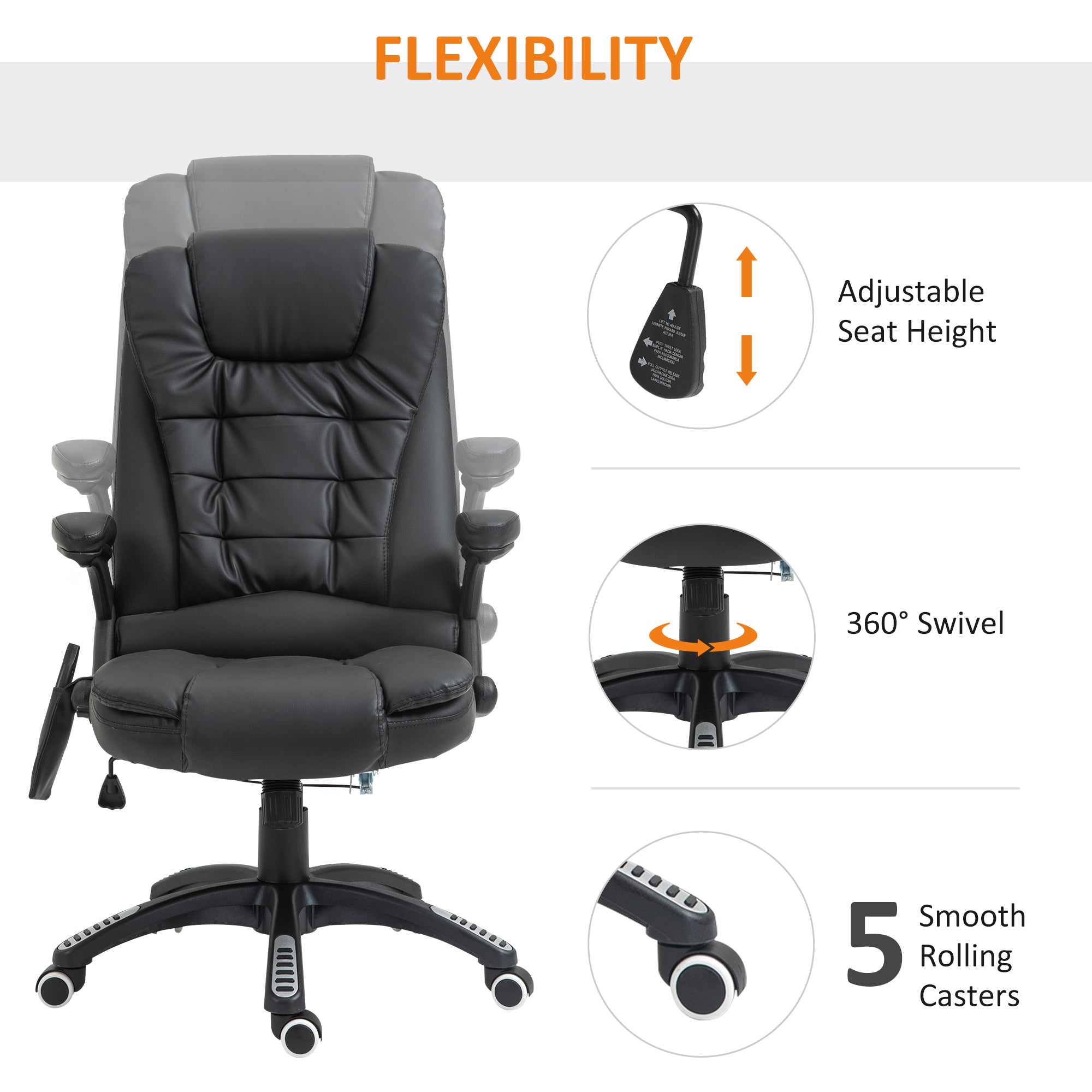 HOMCOM Executive Office Chair with Massage and Heat, High Back PU Leather Massage Office Chair with Adjustable Height, Black