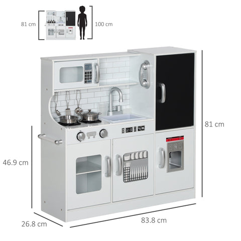 AIYAPLAY Pretend Play Kitchen, Kids Kitchen Playset, with Toy Phone, Chalkboard, Microwave, Cooking Stove, Sink, White