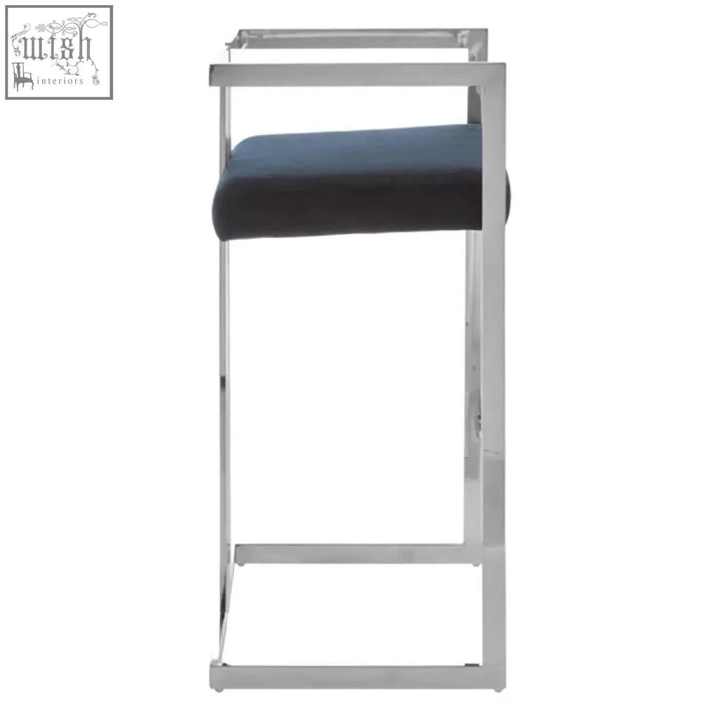 Azalea bar stool with chrome finished metal frame and dark blue upholstered seat perfect for bar seating
