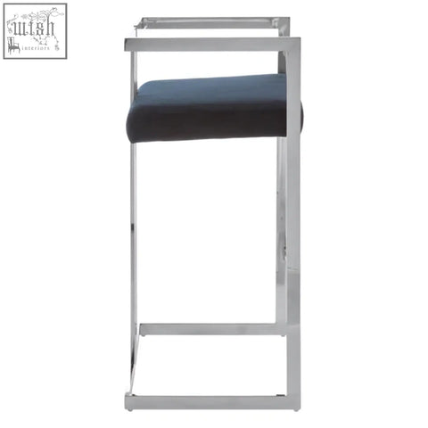 Azalea bar stool with chrome finished metal frame and dark blue upholstered seat perfect for bar seating