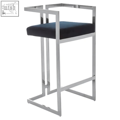 Modern azalea bar stool with a sleek silver metal frame and plush black velvet seat for stylish bar seating