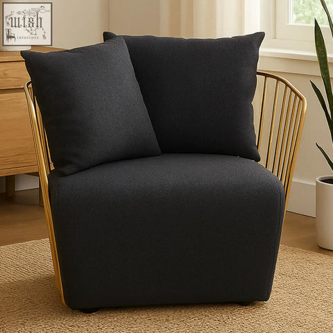 Azalea black fabric and metal chair with black upholstered seat and gold-toned black metal frame and matching pillows