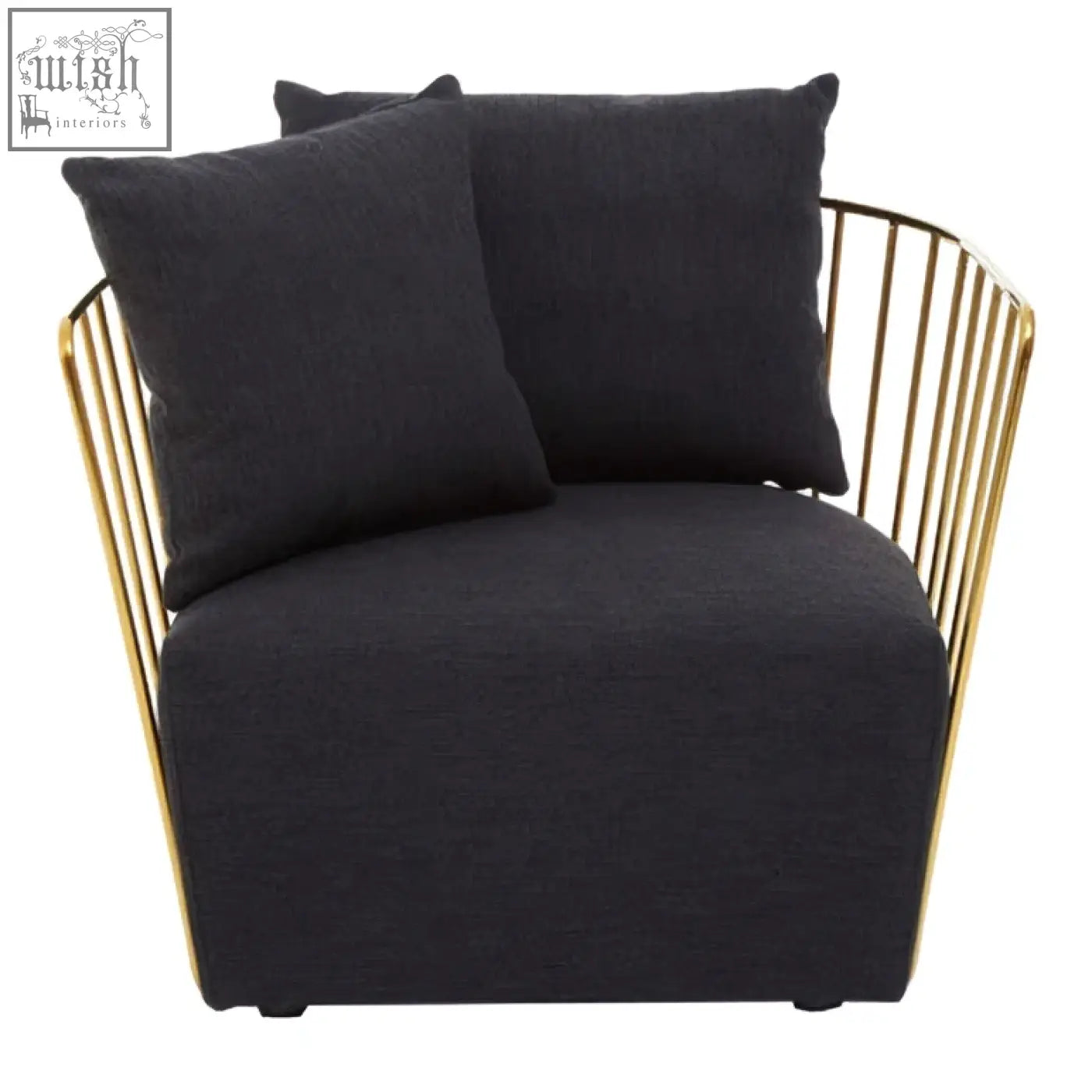 Black metal chair azalea black fabric and metal chair with gold toned frame and two matching throw pillows