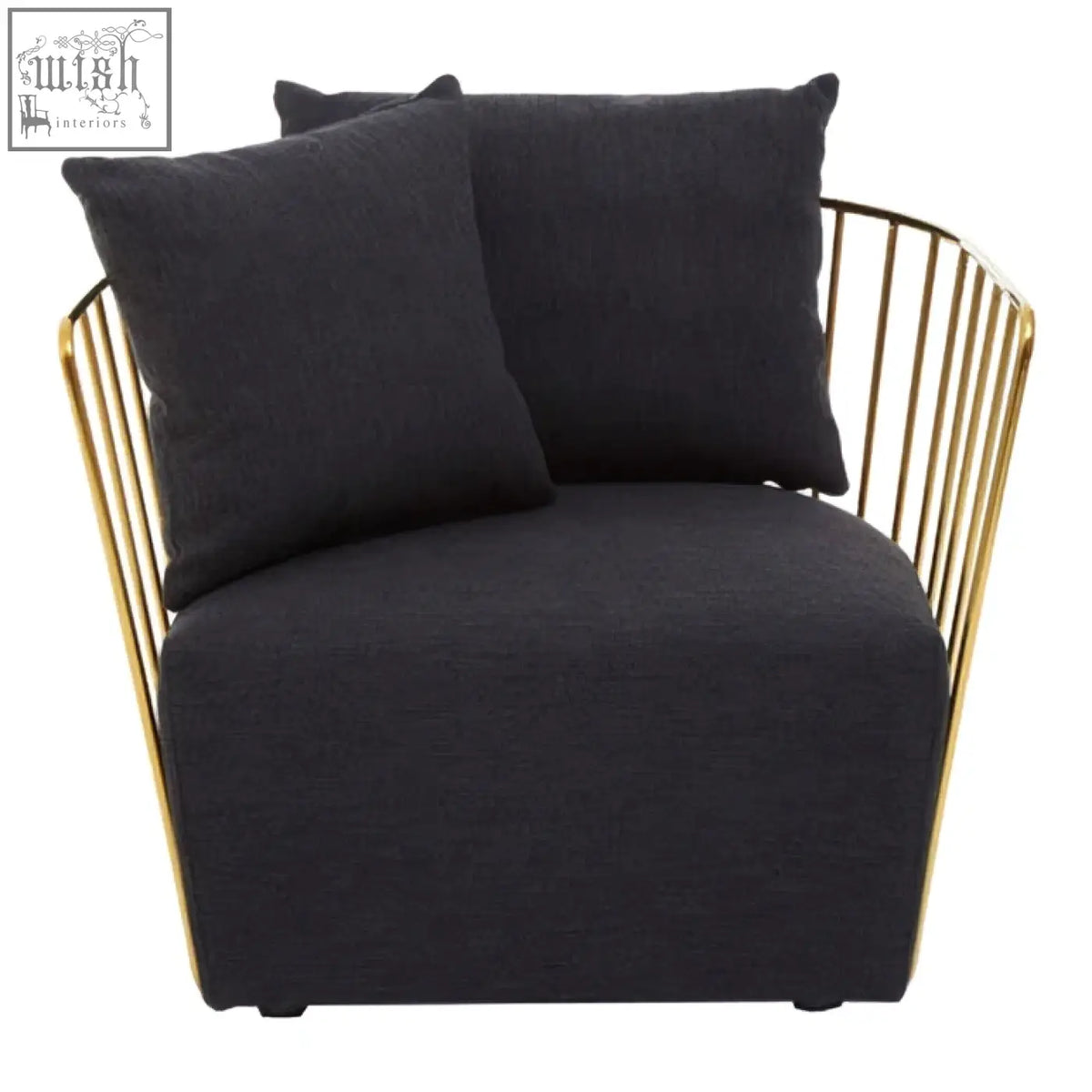 Black metal chair azalea black fabric and metal chair with gold toned frame and two matching throw pillows
