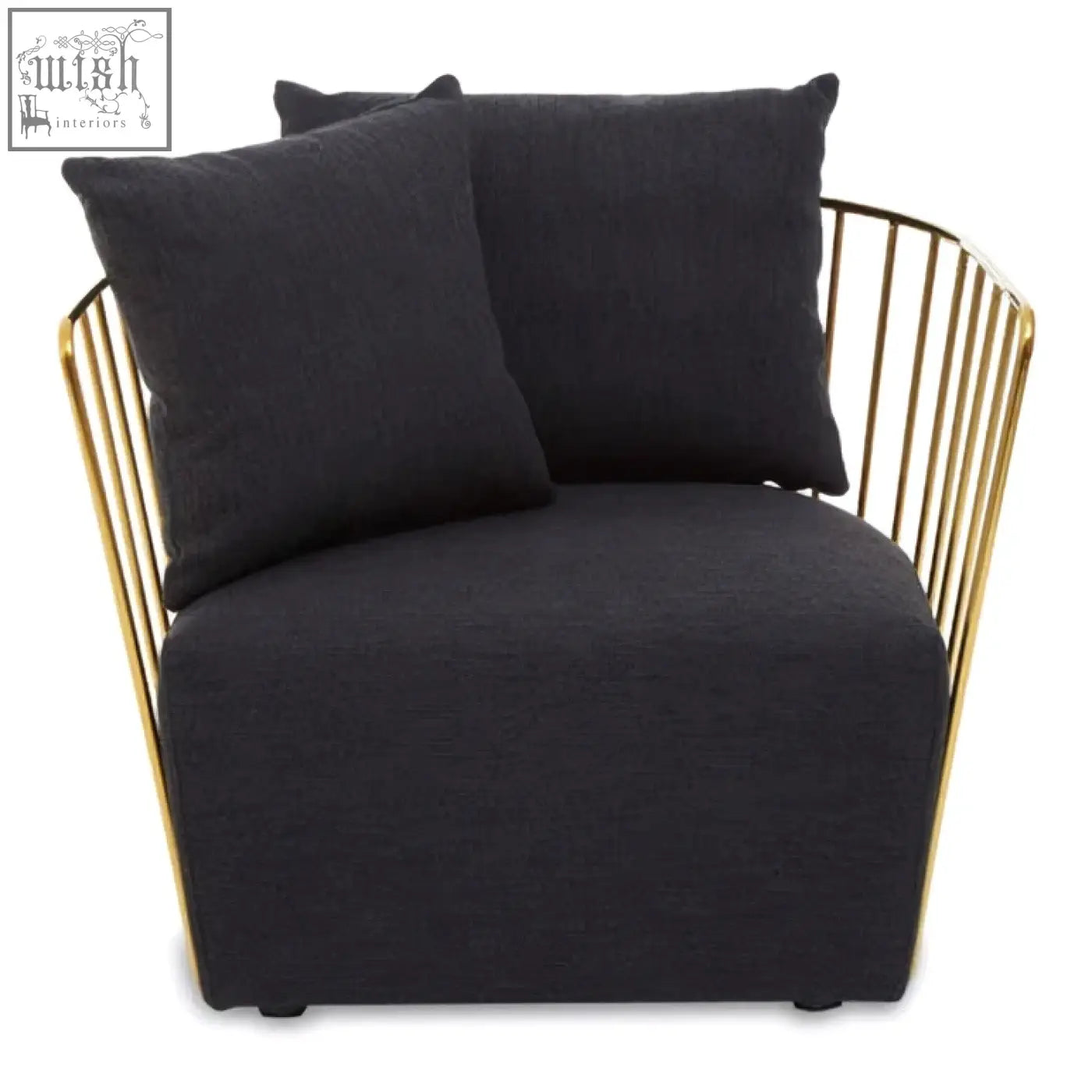 Azalea black fabric and metal chair with black metal frame and two matching throw pillows for modern style