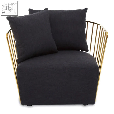 Azalea black fabric and metal chair with black metal frame and two matching throw pillows for modern style