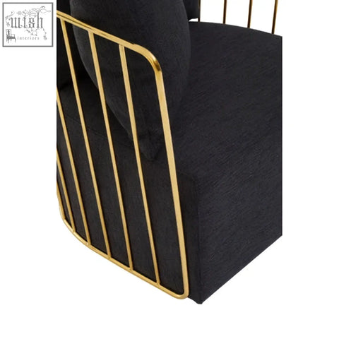 Azalea black fabric and metal chair with black upholstered seat and sleek gold vertical bars on metal frame