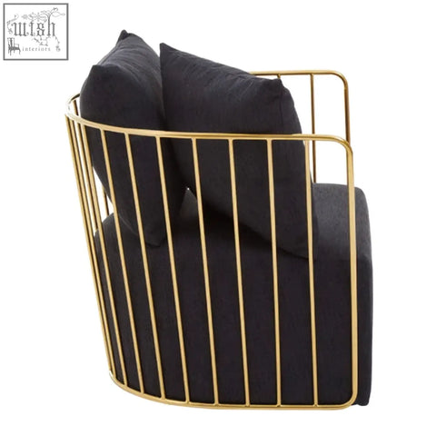Azalea black fabric and metal chair with gold wireframe and black metal cushions for stylish seating