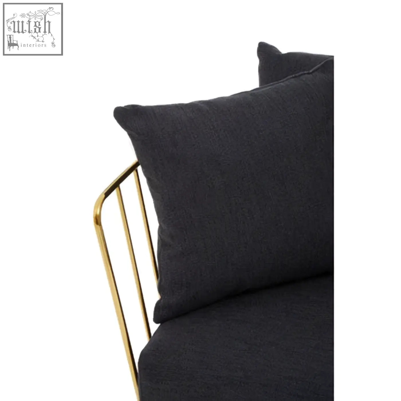 Black textured fabric cushion resting on a gold-toned frame of azalea black metal chair