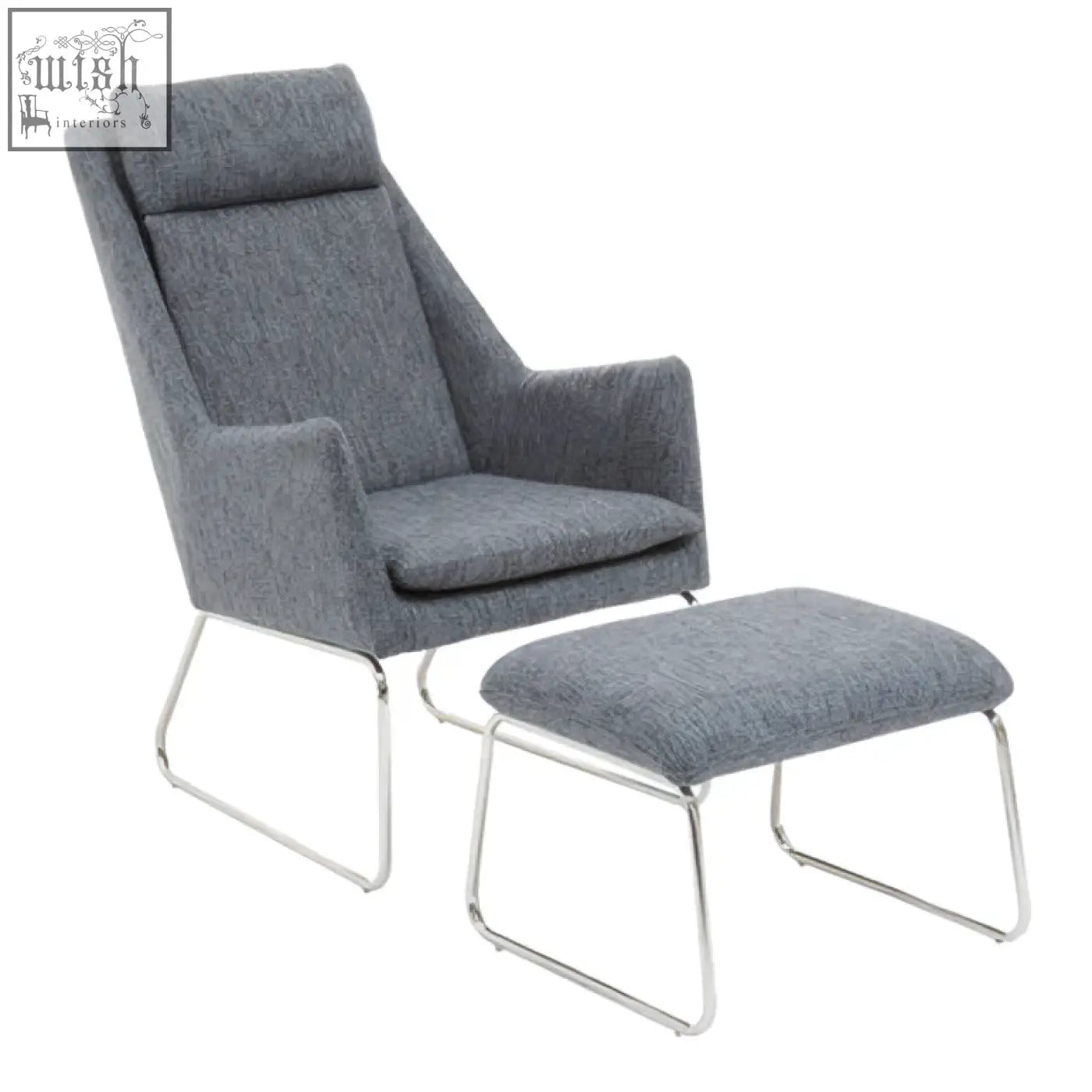 Modern grey fabric lounge chair and ottoman set in azalea grey fabric with sleek chrome legs and textured finish