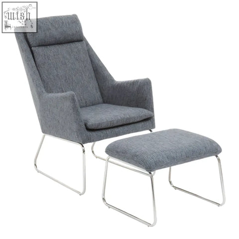Modern grey fabric lounge chair and ottoman set in azalea grey fabric with sleek chrome legs and textured finish