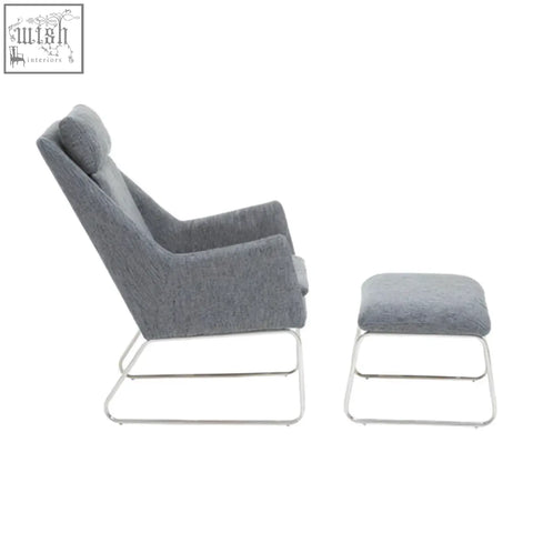 Azalea grey fabric lounge chair and matching ottoman with sleek chrome metal frame in grey fabric lounge style