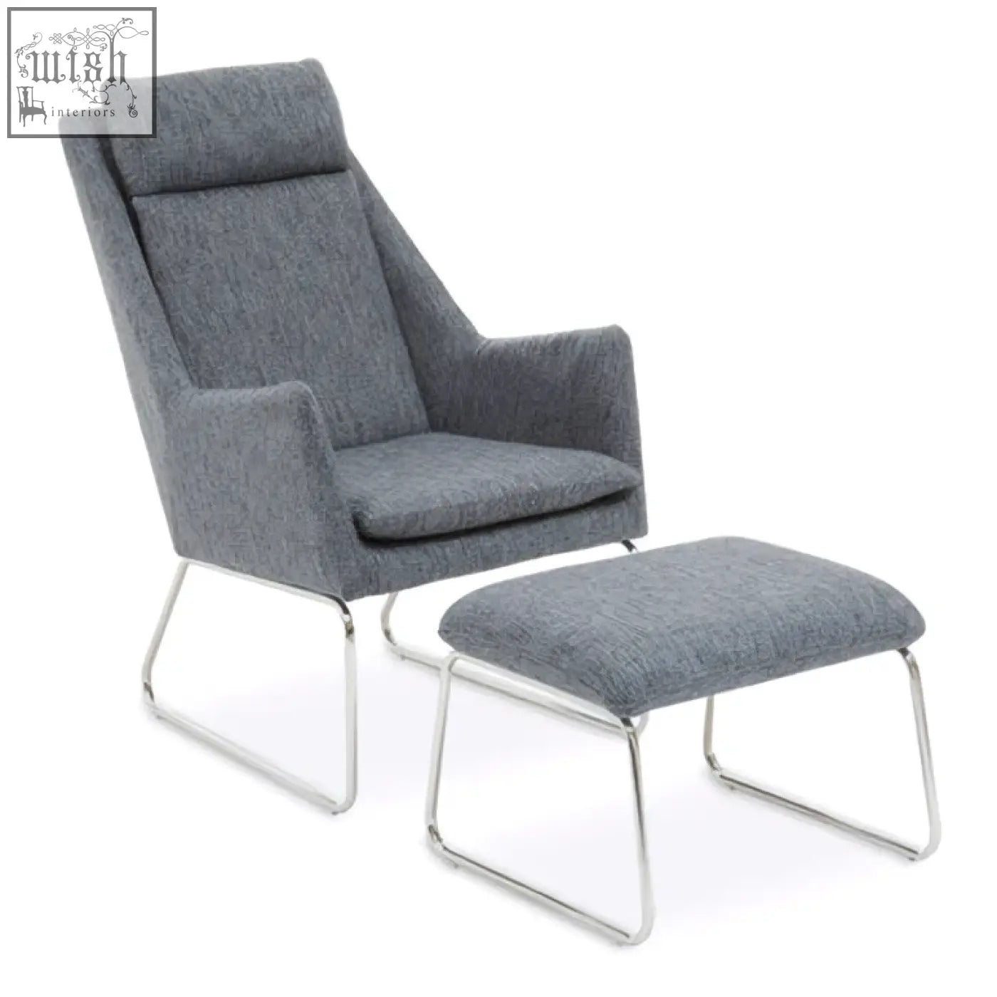 Gray textured azalea grey fabric lounge chair and ottoman with sleek chrome metal frames for stylish comfort