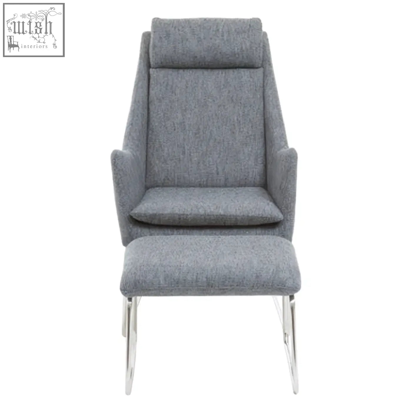 Azalea grey fabric lounge chair and footstool set with grey fabric upholstery and sleek chrome legs in modern design