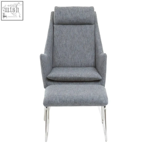 Azalea grey fabric lounge chair and footstool set with grey fabric upholstery and sleek chrome legs in modern design
