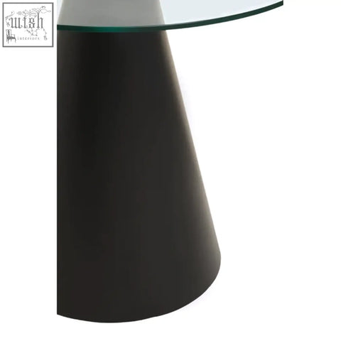 Azalea round clear glass top dining table with black conical base and clear glass tabletop