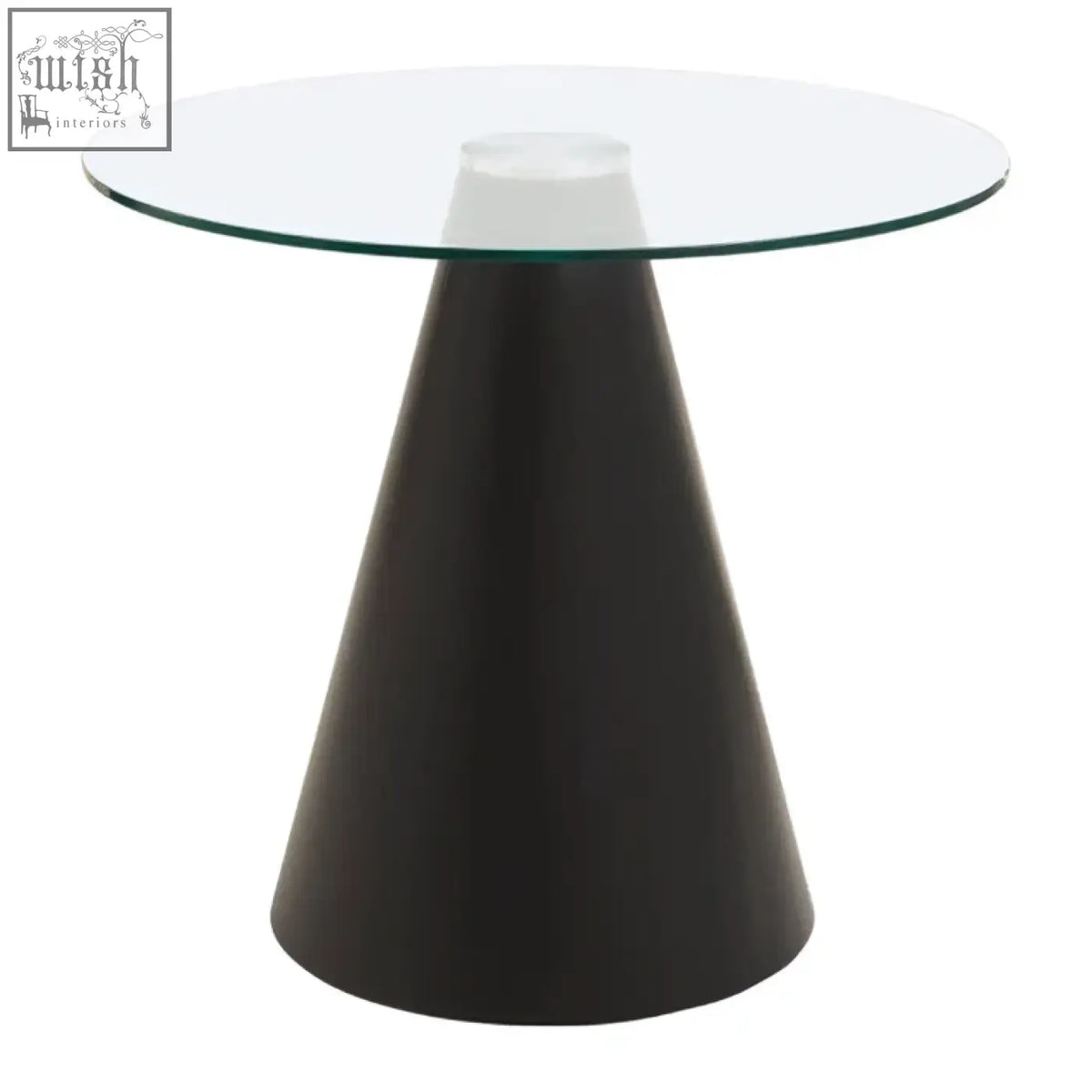 Black conical base supporting the azalea round clear glass top dining table with a clear glass tabletop