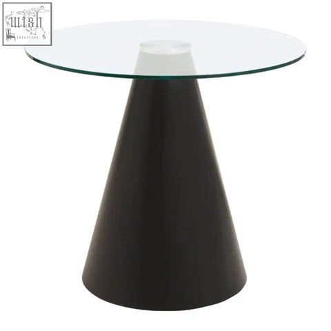 Black conical base supporting the azalea round clear glass top dining table with a clear glass tabletop