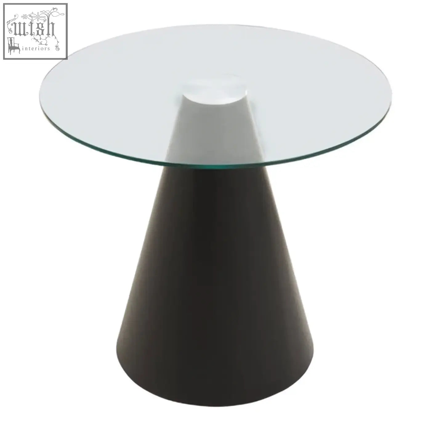 Modern black conical side table with a round clear glass top featured in the azalea round clear glass top dining table collection