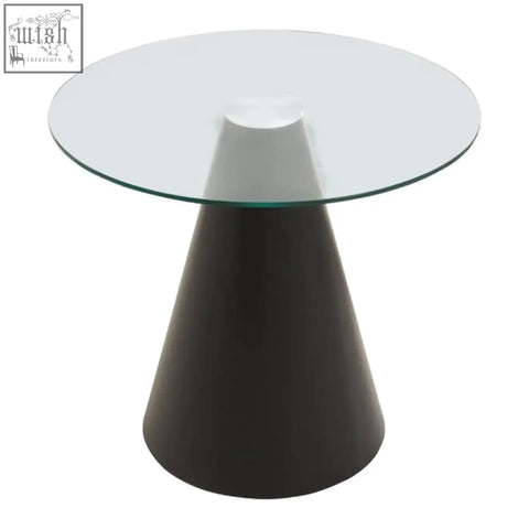 Modern black conical side table with a round clear glass top featured in the azalea round clear glass top dining table collection