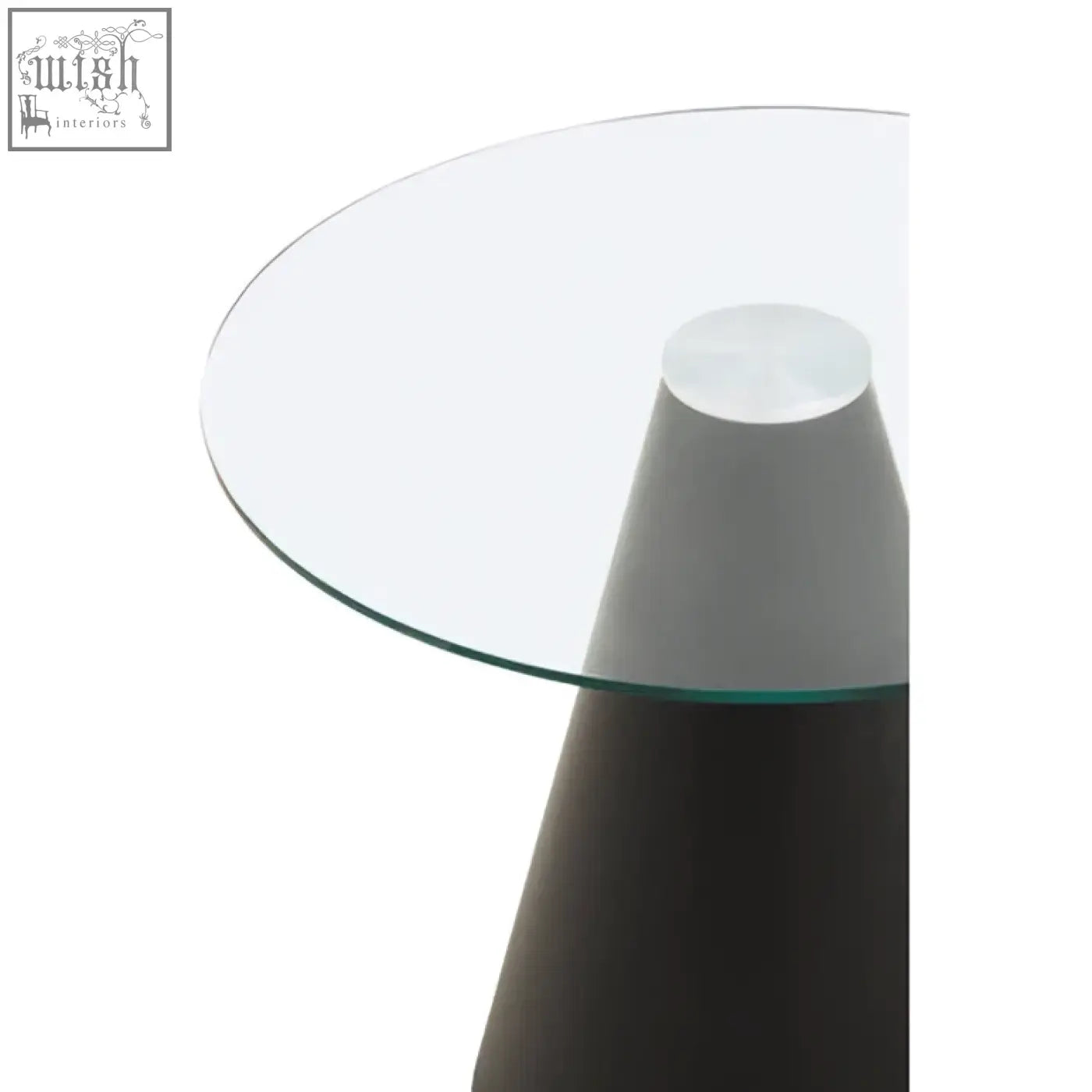 Azalea round clear glass dining table with a sleek minimalist design and tapered dark gray base