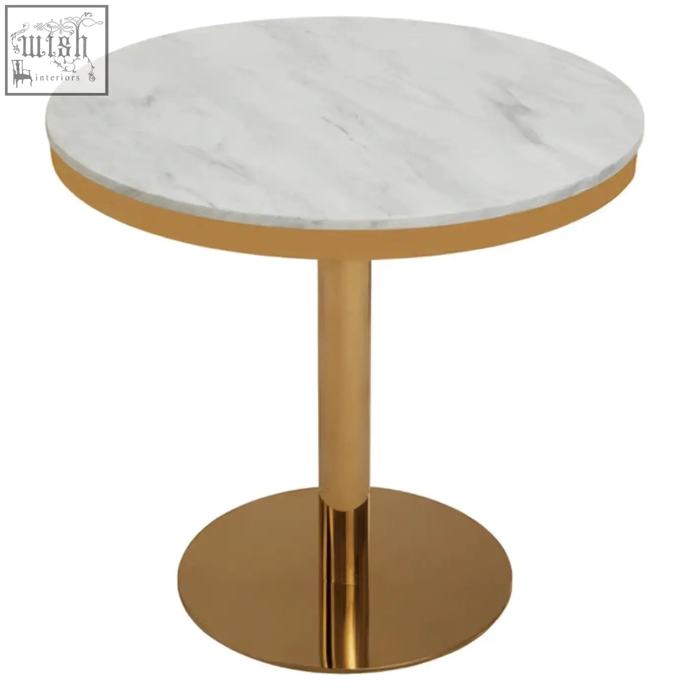 Azalea round marble dining table with white marble top and polished gold metal base for stylish dining rooms