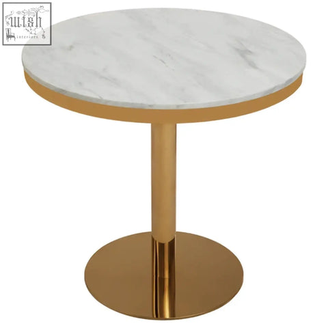 Azalea round marble dining table with white marble top and polished gold metal base for stylish dining rooms