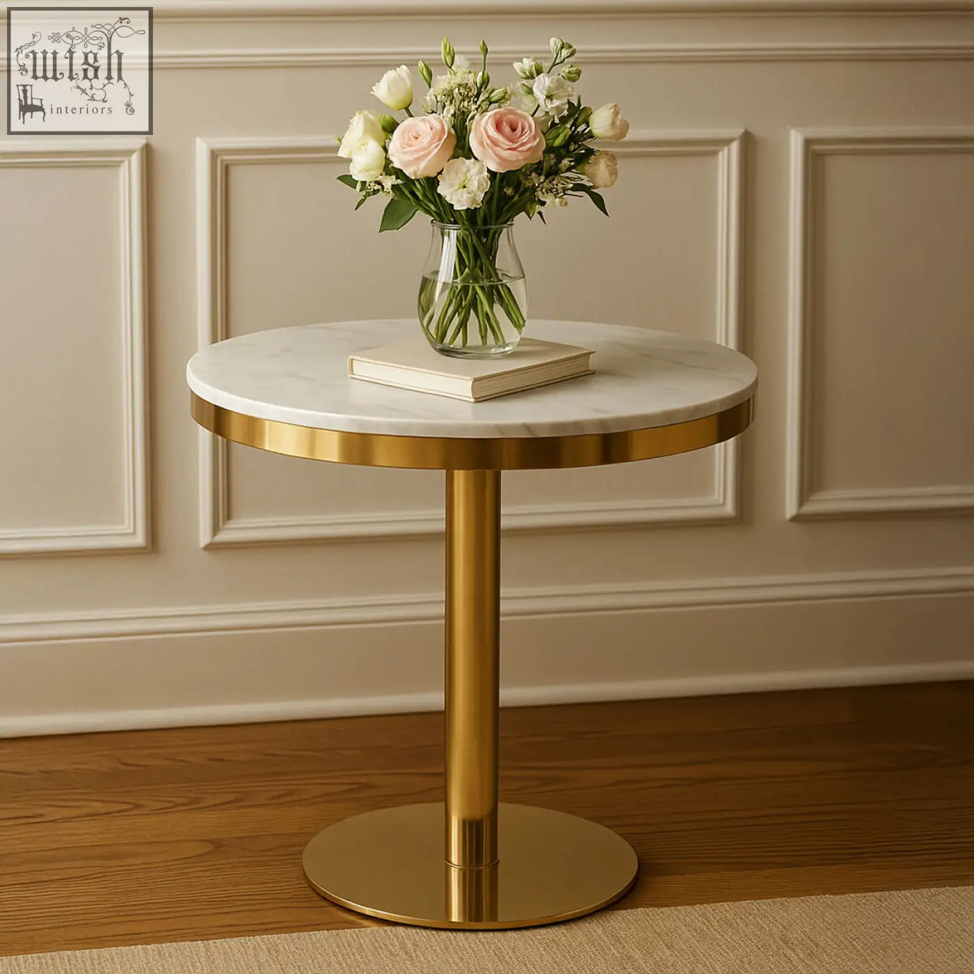 Azalea round marble dining table with polished gold metal base and round marble top for stylish dining spaces