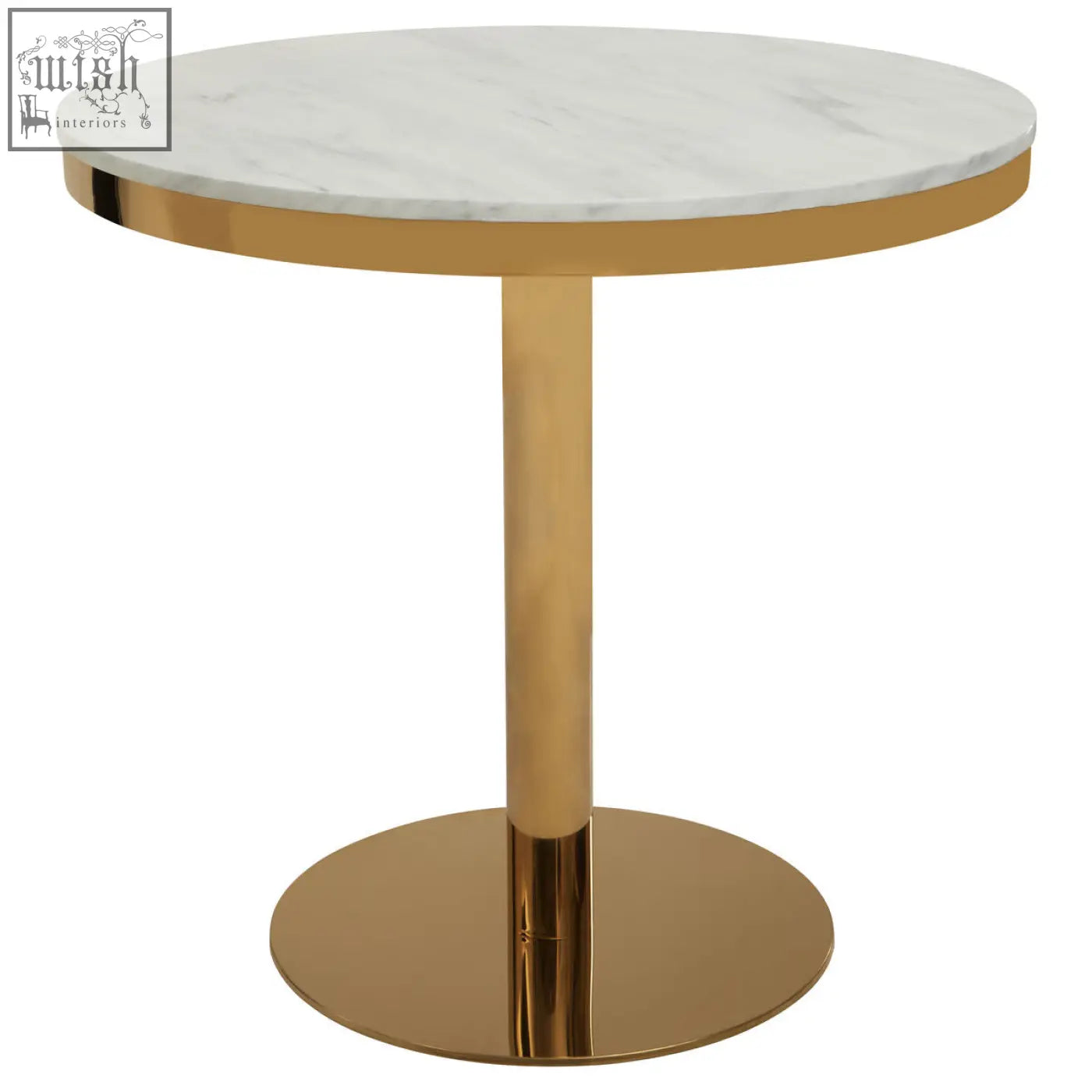 Azalea round marble dining table with white marble top and sleek gold pedestal base perfect for stylish meals