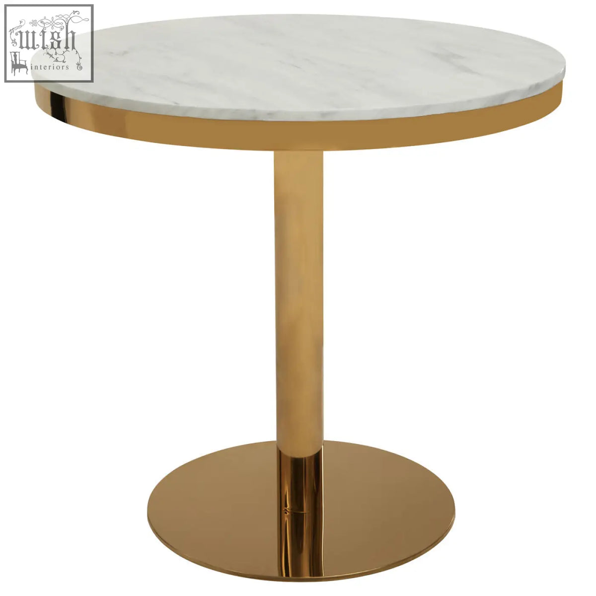 Azalea round marble dining table with white marble top and sleek gold pedestal base perfect for stylish meals