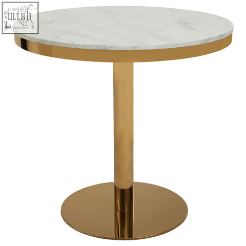 Azalea round marble dining table with white marble top and sleek gold pedestal base perfect for stylish meals