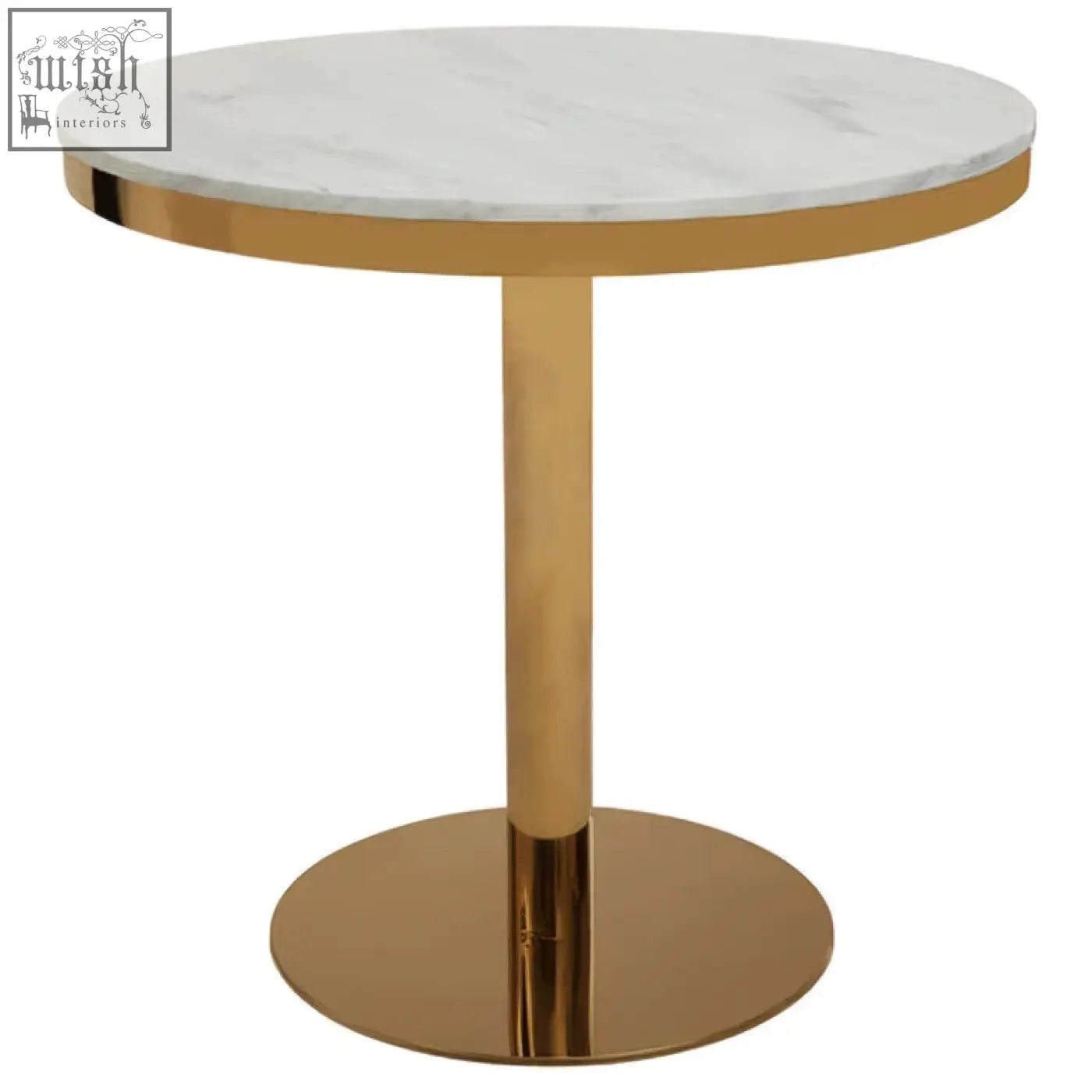 Azalea round marble dining table with a white marble top and sleek gold metal base for stylish dining