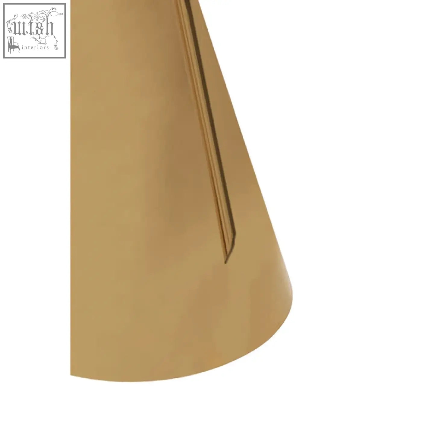 Azalea white marble top dining table with gold-colored sleek cone-shaped metal base and subtle vertical seam detail