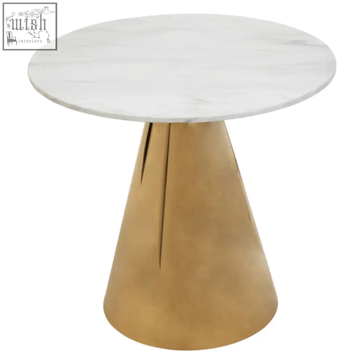 Azalea white marble top dining table with white marble surface and gold-toned conical base for elegant dining