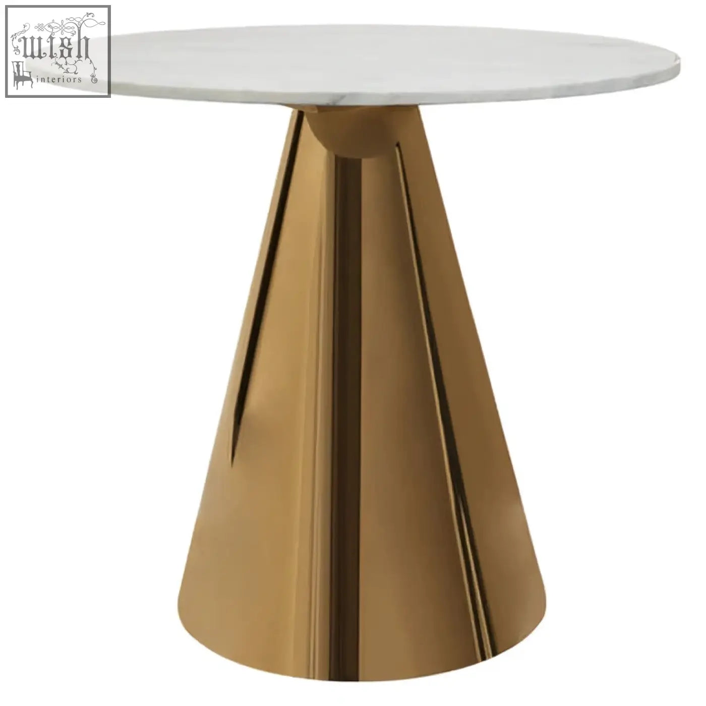 A sleek azalea white marble top dining table with smooth white marble surface and gold ridged metal base