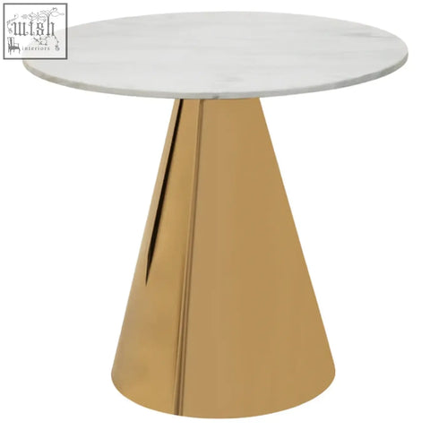 A sleek azalea white marble top dining table with a smooth white marble surface and gold-toned conical base