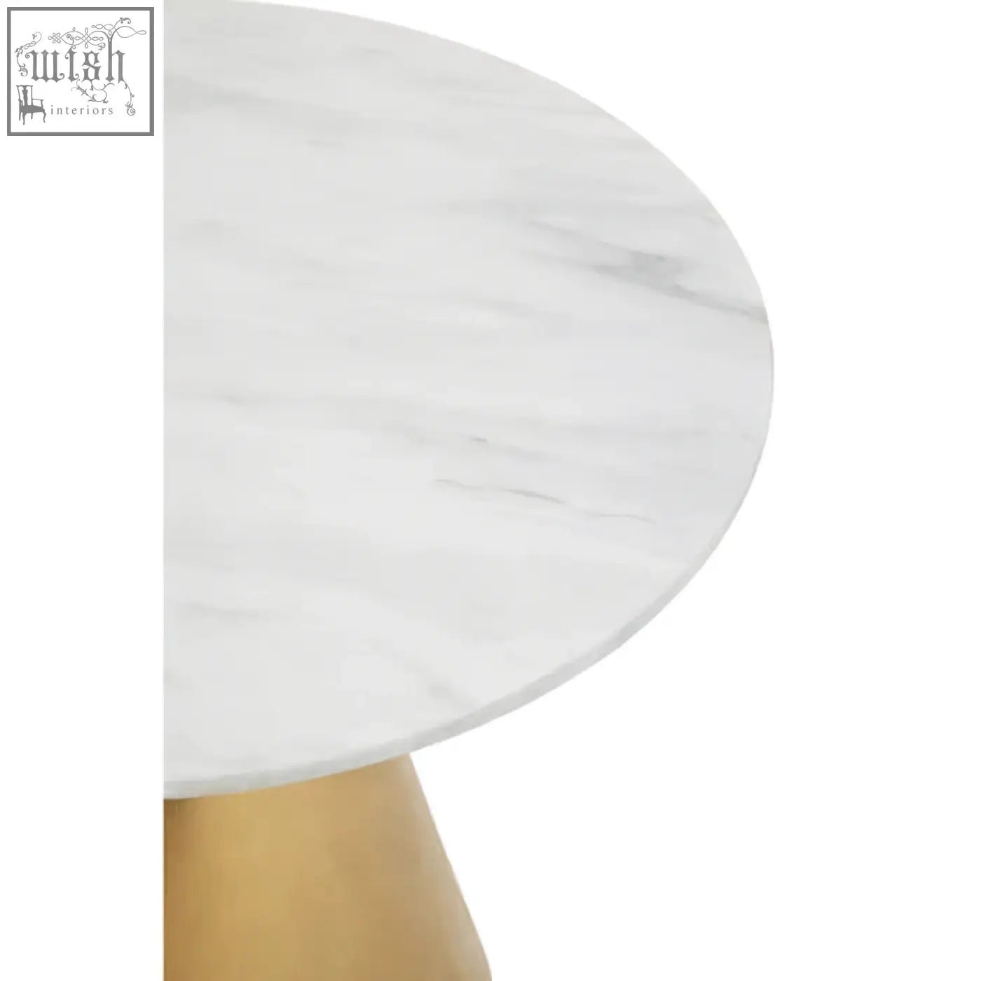 Azalea white marble top dining table with a sleek tapered gold base and smooth white marble tabletop surface