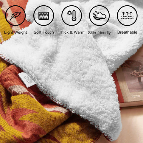 White plush fleece throw blanket with soft sherpa lining and red stitched edges in aztec pattern style