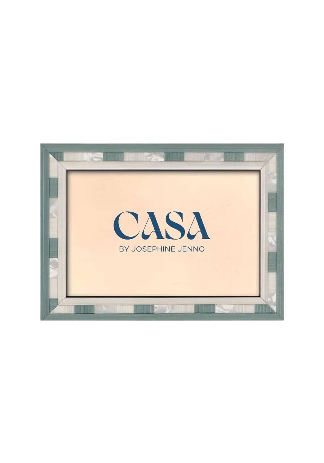 Azure wood photo frame 6x4 with teal and white mosaic border and casa by josephine janno logo on cream background